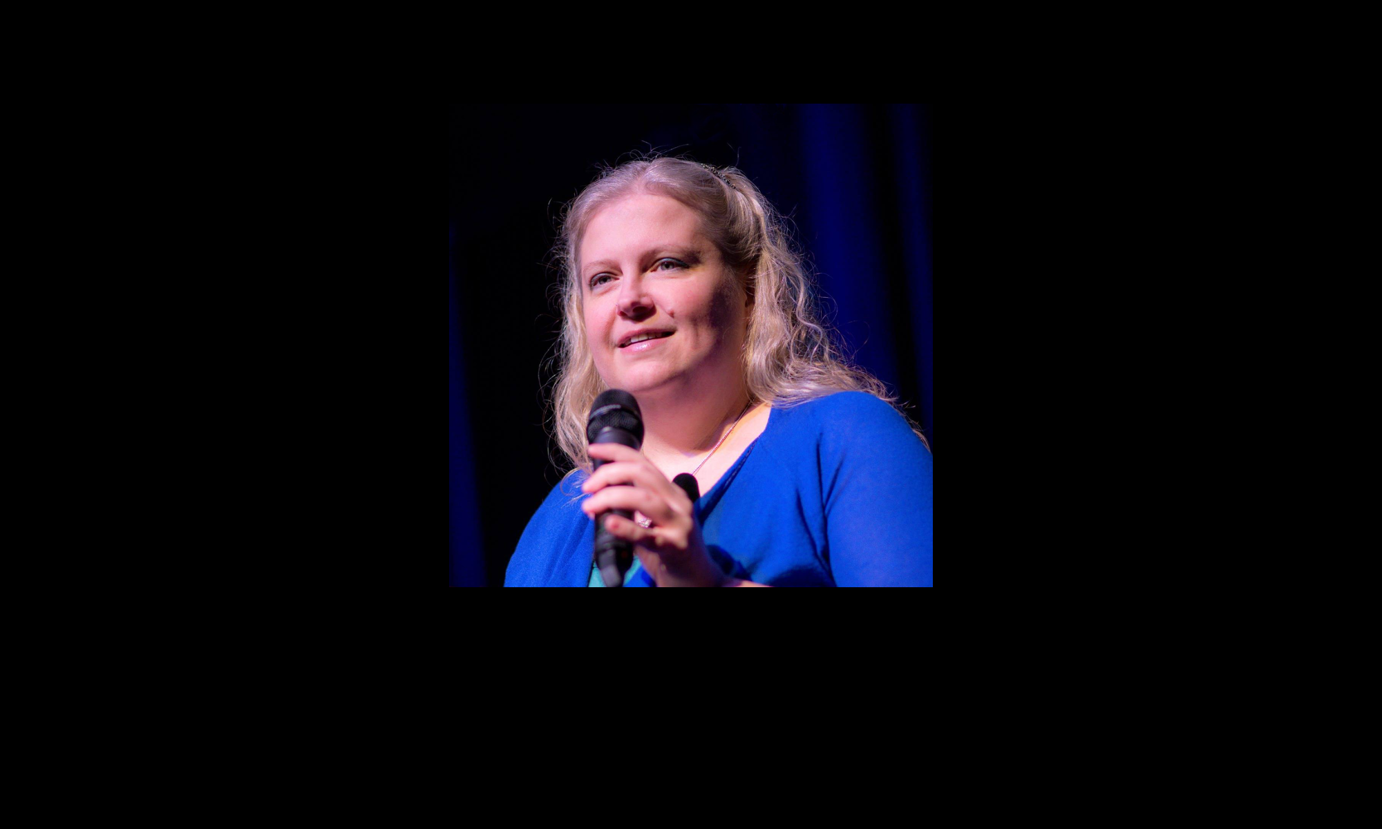 Headshot of Stephanie Zvan speaking over black background